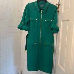 Sharagano size 14 Green zipper -Up Dress with Gold Accents never worn